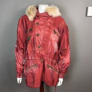 EMMEGI Ski Jacket women's small Anorak Red Metallic Hood Glam VTG Ski wear 90s